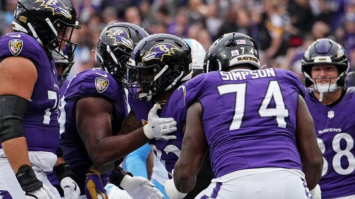 Oct 4, 2026; Baltimore, Maryland, USA;  Baltimore Ravens running back Derrick Henry (22) scores a touchdown during the first quarter against the Tennessee Titans at M&T Bank Stadium.  Mandatory Credit: Mitch Stringer-Imagn Images