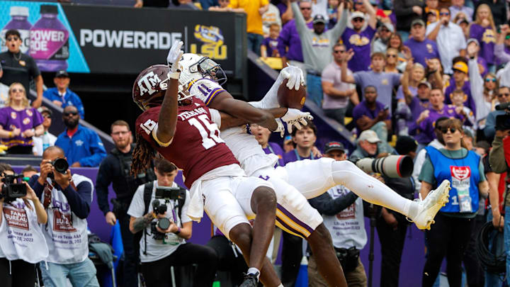 Nov 25, 2023; Baton Rouge, Louisiana, USA;  LSU Tigers wide receiver Brian Thomas Jr. (11) catches a