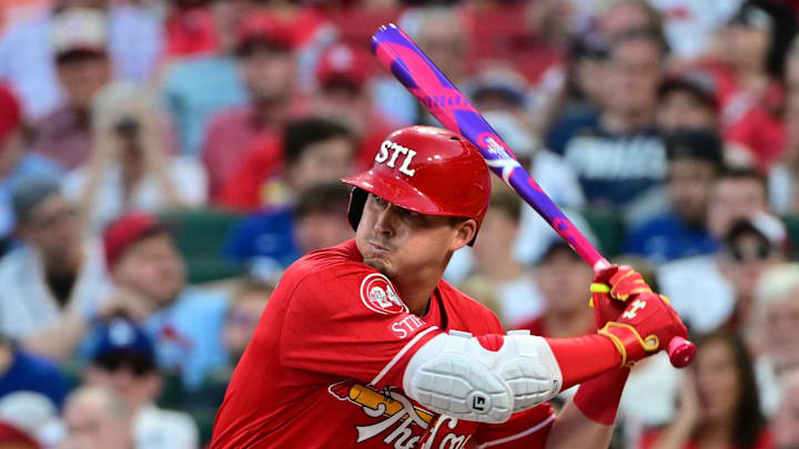 Aug 17, 2024; St. Louis, Missouri, USA; St. Louis Cardinals second base Nolan Gorman (16) at bat against the Los Angeles Dodgers at Busch Stadium. Mandatory Credit: Tim Vizer-Imagn Images