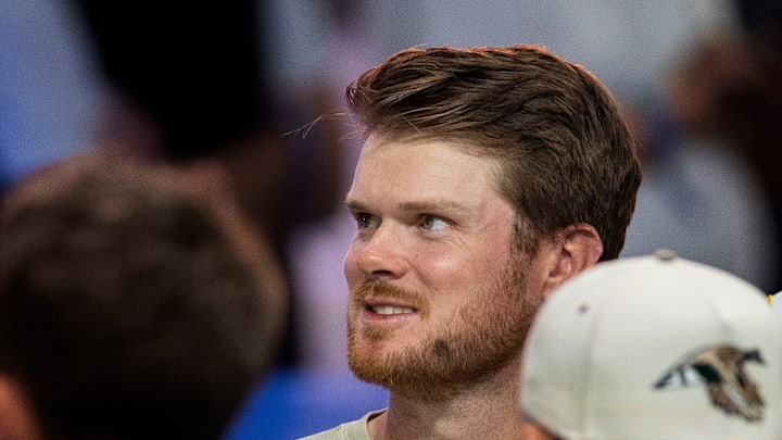 Minnesota Vikings quarterback Sam Darnold attends the TGL match between Jupiter Links GC and Atlanta Drive GC at SoFi Center on March 4, 2025, in Palm Beach Gardens, Florida.
