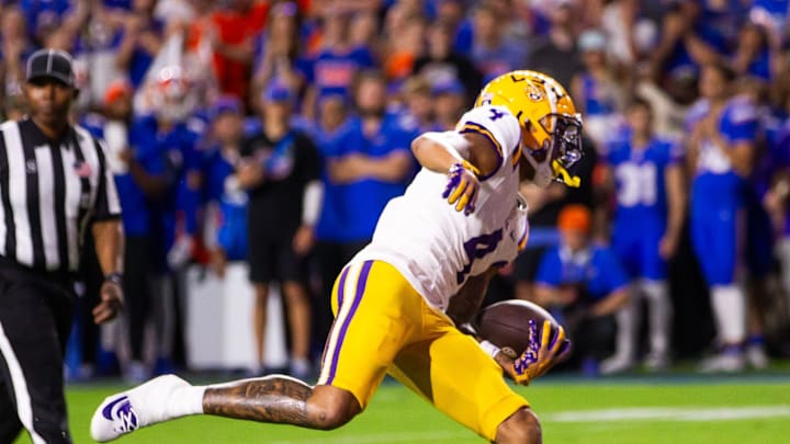 LSU Tigers wide receiver CJ Daniels (4) scores a touchdown but was called back due to a penalty during the second half at Ben Hill Griffin Stadium in Gainesville, FL on Saturday, November 16, 2024. The Gators defeated the Tigers 27-16. [Doug Engle/Gainesville Sun]