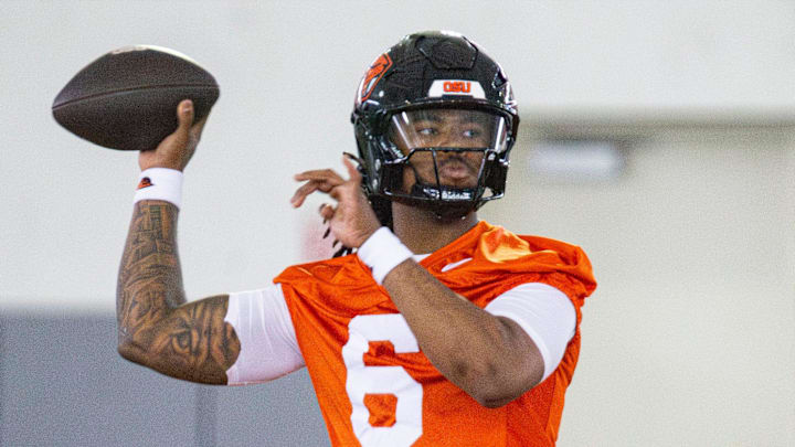 Oregon State's Maalik Murphy (6) throws the ball during the first day of spring practice at the Tommy Prothro Football Complex on Tuesday, March 4, 2025, in Corvallis, Ore.
