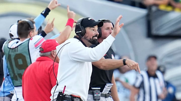 Oct 12, 2024; Eugene, Oregon, USA; Ohio State Buckeyes head coach Ryan Day motions during the first half of the NCAA football game against the Oregon Ducks at Autzen Stadium