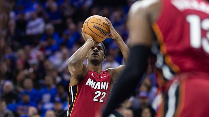 Apr 17, 2024; Philadelphia, Pennsylvania, USA; Miami Heat forward Jimmy Butler (22) shoots against the Philadelphia 76ers - Bill Streicher-USA TODAY Sports