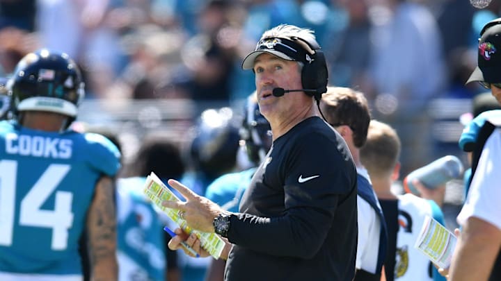 Jacksonville Jaguars head coach Doug Pederson on the sidelines during first half action. The Jacksonville Jaguars hosted the Indianapolis Colts at EverBank Stadium in Jacksonville, FL Sunday, October 15, 2023. The Jaguars ended the first half with a 21 to 6 lead. [Bob Self/Florida Times-Union]