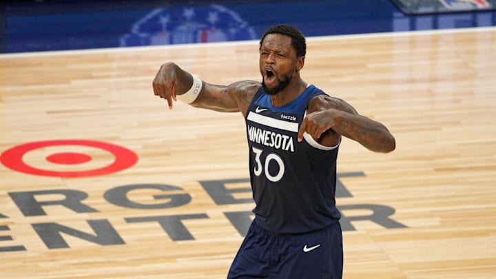 May 24, 2025; Minneapolis, Minnesota, USA; Minnesota Timberwolves forward Julius Randle (30) reacts against the Oklahoma City Thunder during the second half in game three of the western conference finals for the 2025 NBA Playoffs at Target Center. Mandatory Credit: Brad Rempel-Imagn Images