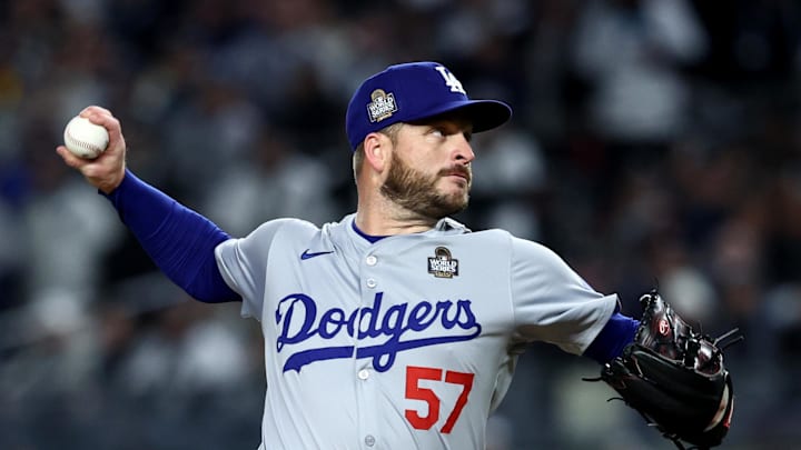 Los Angeles Dodgers pitcher Ryan Brasier (57) throws during the eighth inning against the New York Yankees in game three of the 2024 MLB World Series at Yankee Stadium. Los Angeles Dodgers pitcher Ryan Brasier (57) throws during the eighth inning against the New York Yankees in game three of the 2024 MLB World Series at Yankee Stadium.