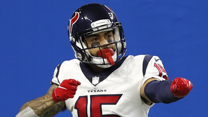 Nov 26, 2020; Detroit, Michigan, USA; Houston Texans wide receiver Will Fuller (15) celebrates after scoring a touchdown during the fourth quarter against the Detroit Lions at Ford Field. Mandatory Credit: Raj Mehta-Imagn Images
