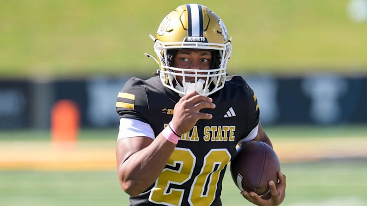 Alabama State Hornets running back Jamarie Hostzclaw (20) carries the ball against Mississippi Valley State during their game on the ASU campus in Montgomery, Ala., on Saturday, October 12, 2024.
