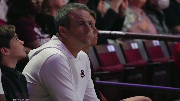 South Carolina football Head Coach Shane Beamer Monday, March 23, 2026, during the first quarter NCAA Women's Basketball Tournament at Colonial Life Arena in Columbia, South Carolina.