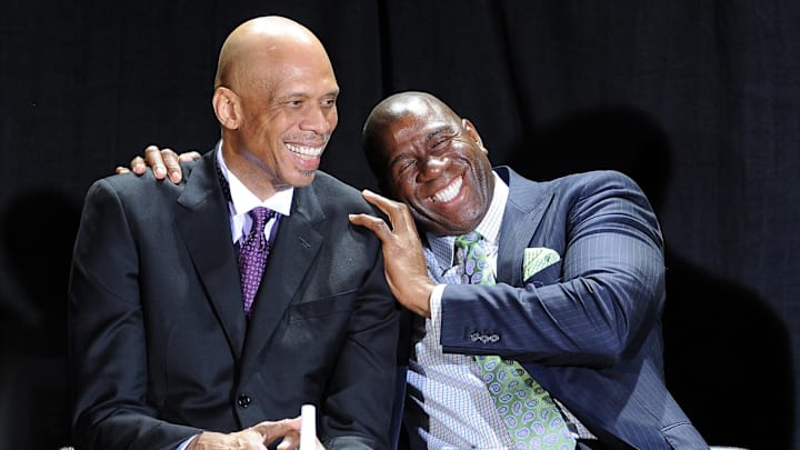 November 16, 2012; Los Angeles, CA, USA;    NBA players Kareem Abdul-Jabbar and "Magic" Johnson