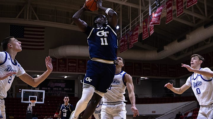 Georgia Tech's Baye Ndongo (11) drives the lane against Drake during the Emerald Coast Classic 3rd-place game at Raider Arena in Niceville, Fla., Nov. 29, 2025. Drake won the game 84-74. (Tyler Orsburn/News Herald)