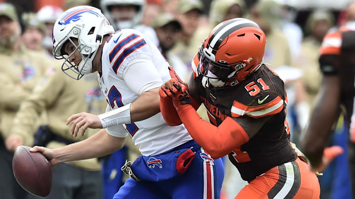 Nov 10, 2019; Cleveland, OH, USA; Cleveland Browns linebacker Mack Wilson (51) knocks Buffalo Bills quarterback Josh Allen (17) out of bounds during the first half at FirstEnergy Stadium.