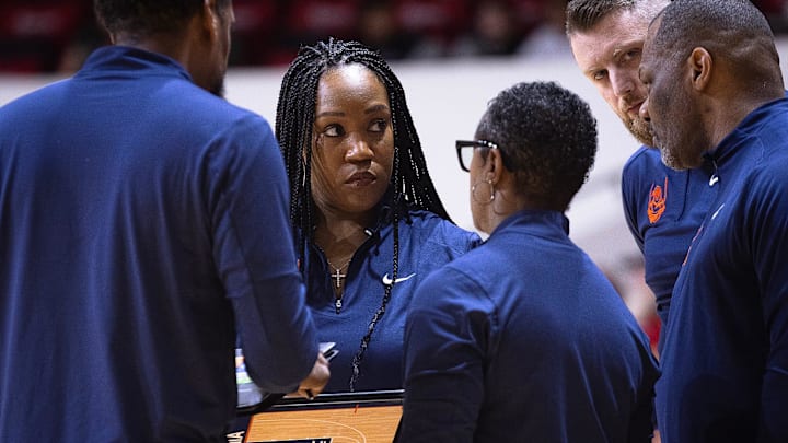 Amaka Agugua-Hamilton, Virginia's head coach, guides her team against Virginia during the Emerald Coast Classic game at Raider Arena in Niceville, Fla., Nov. 25, 2025. (Tyler Orsburn/News Herald) Amaka Agugua-Hamilton, Virginia's head coach, guides her team against Virginia during the Emerald Coast Classic game at Raider Arena in Niceville, Fla., Nov. 25, 2025. (Tyler Orsburn/News Herald)