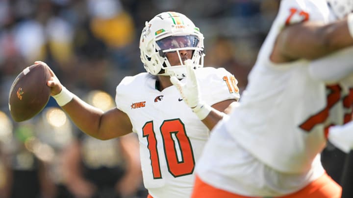 Florida A&M quarterback Daniel Richardson (10) passes against Alabama State during their game on the ASU campus in Montgomery, Ala., on Saturday October 5, 2024.