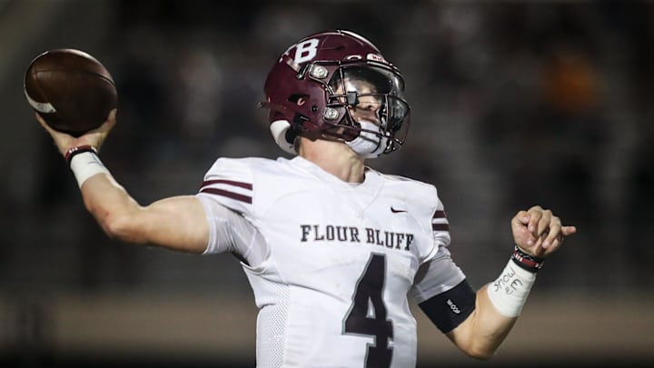 Flour Bluff's Jayden Paluseo throws a pass during the game at Buccaneer Stadium on Friday, Nov. 8, 2024, in Corpus Christi, Texas.