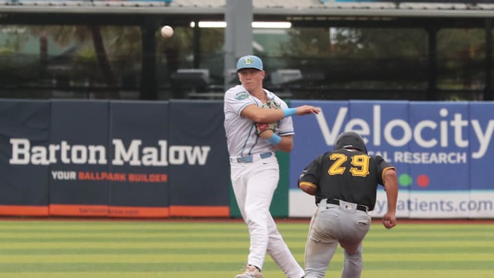 Daytona Tortugas shortstop Sammy Stafura (3) throws to first for a double play as Bradenton's Will Taylor (29) is out at second, Sunday, Sept. 8, 2024 at Jackie Robinson Ballpark.