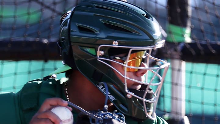 Daytona Tortugas catcher Alfredo Duno (16) prepares to throw to second base during practice, Thursday, April 4, 2024, at Jackie Robinson Ballpark.