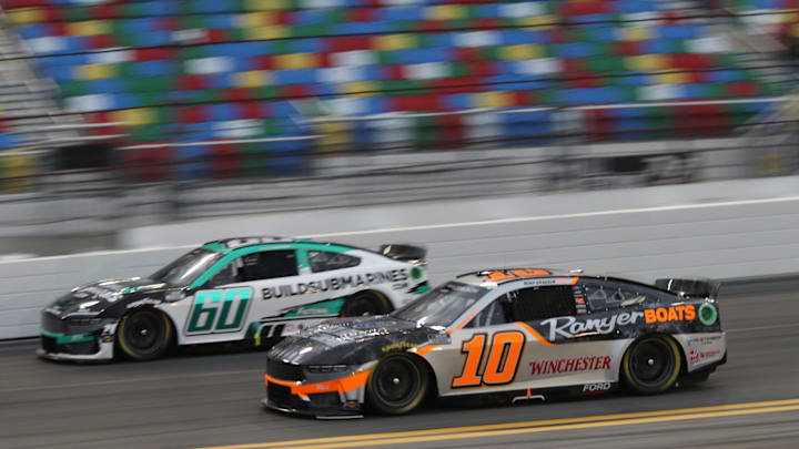 Noah Gragson (shown in the No. 10 car at Daytona in 2024) is one of many drivers who will start their tenure with new teams beginning with Sunday's Cook Out Clash at Bowman Gray Stadium.