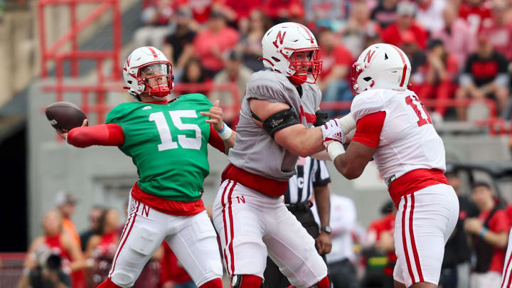 Dylan Raiola throws a touchdown pass during the 2024 Nebraska football Red-White spring game. Dylan Raiola throws a touchdown pass during the 2024 Nebraska football Red-White spring game.