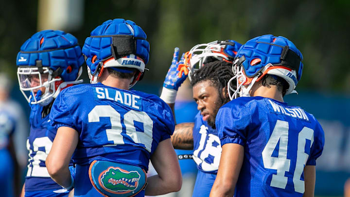 Florida defensive back Bryce Thornton (18) and other defensive players gather for a drill during