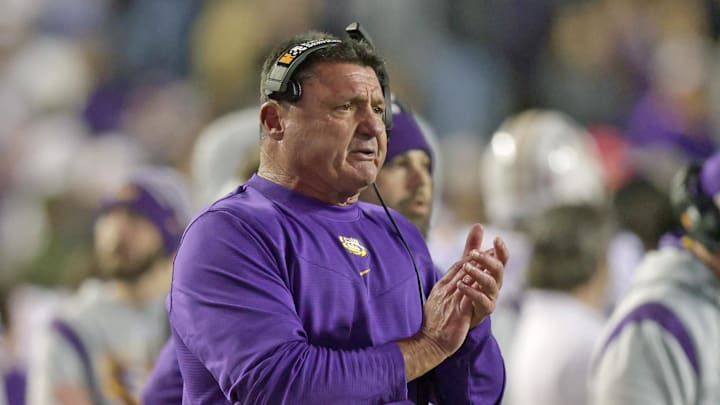 Nov 27, 2021; Baton Rouge, Louisiana, USA;  LSU Tigers head coach Ed Orgeron looks on during the second half against the Texas A&M Aggies at Tiger Stadium. Mandatory Credit: Stephen Lew-Imagn Images
