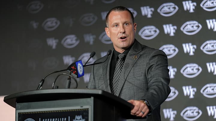 Jul 23, 2025; Charlotte, NC, USA; Wake Forest Head Coach Jake Dickert answers questions from the media during ACC Media days at Hilton Charlotte Uptown. Mandatory Credit: Jim Dedmon-Imagn Images