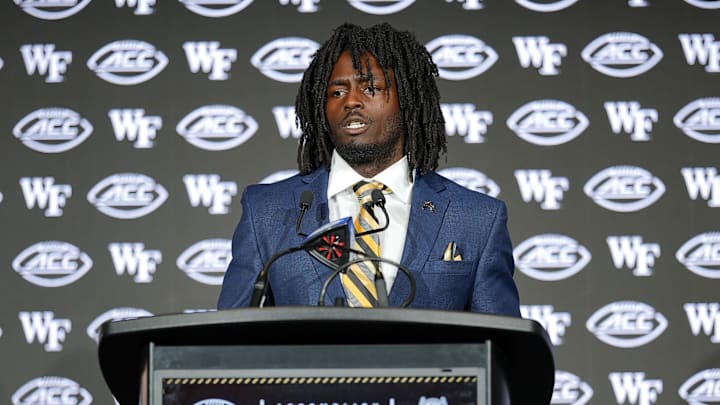Jul 23, 2025; Charlotte, NC, USA; Wake Forest running back Demond Claiborne answers questions from the media during ACC Media days at Hilton Charlotte Uptown. Mandatory Credit: Jim Dedmon-Imagn Images