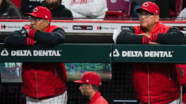 Cincinnati Reds bench coach/field coordinator Freddie Benavides (45), left, and manager Terry Francona watch a MLB game between the Cincinnati Reds and Texas Rangers, Tuesday, April 1, 2025, at Great American Ball Park in Downtown Cincinnati.