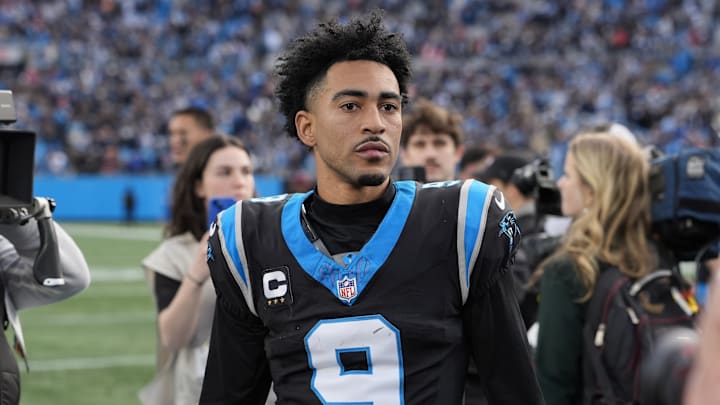 Dec 21, 2025; Charlotte, North Carolina, USA; Carolina Panthers quarterback Bryce Young (9) after a win against Tampa Bay Buccaneers at Bank of America Stadium. Dec 21, 2025; Charlotte, North Carolina, USA; Carolina Panthers quarterback Bryce Young (9) after a win against Tampa Bay Buccaneers at Bank of America Stadium.