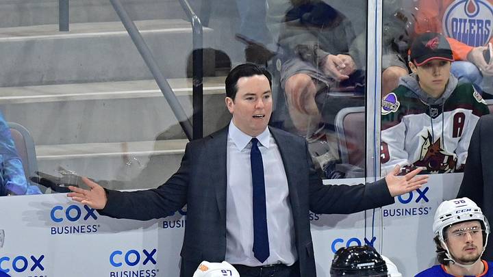 Mar 27, 2023; Tempe, Arizona, USA;  Edmonton Oilers head coach Jay Woodcroft reacts in the first period against the Arizona Coyotes at Mullett Arena. Mandatory Credit: Matt Kartozian-Imagn Images