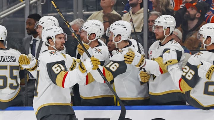 Apr 4, 2026; Edmonton, Alberta, CAN; The Vegas Golden Knights celebrate a goal by forward Mark Stone (61) during the third period against the Edmonton Oilers at Rogers Place. Mandatory Credit: Perry Nelson-Imagn Images