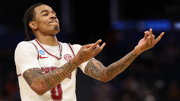 Mar 22, 2026; Tampa, FL, USA; Alabama Crimson Tide guard Labaron Philon (0) celebrates after a play against the Texas Tech Red Raiders in the first half during a second round game of the men's 2026 NCAA Tournament at Benchmark International Arena. Mandatory Credit: Matt Pendleton-Imagn Images Mar 22, 2026; Tampa, FL, USA; Alabama Crimson Tide guard Labaron Philon (0) celebrates after a play against the Texas Tech Red Raiders in the first half during a second round game of the men's 2026 NCAA Tournament at Benchmark International Arena. Mandatory Credit: Matt Pendleton-Imagn Images