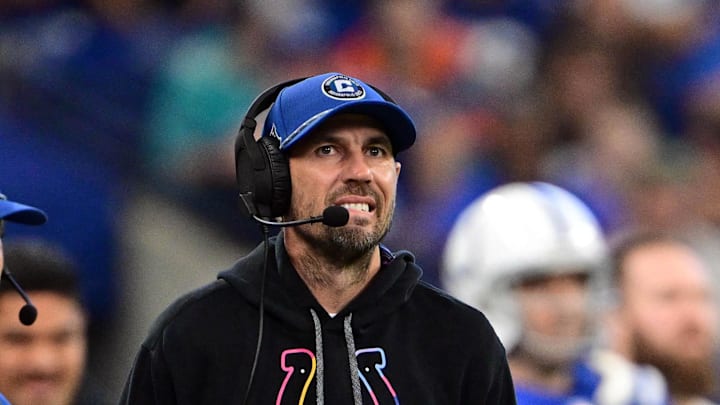 Oct 20, 2024; Indianapolis, Indiana, USA; Indianapolis Colts Indianapolis Colts Head Coach Shane Steichen reacts on the sidelines during the second half against the Miami Dolphins at Lucas Oil Stadium. Mandatory Credit: Marc Lebryk-Imagn Images
