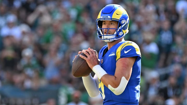 Sep 21, 2025; Philadelphia, Pennsylvania, USA; Los Angeles Rams quarterback Matthew Stafford (9) against the Philadelphia Eagles at Lincoln Financial Field. Mandatory Credit: Eric Hartline-Imagn Images