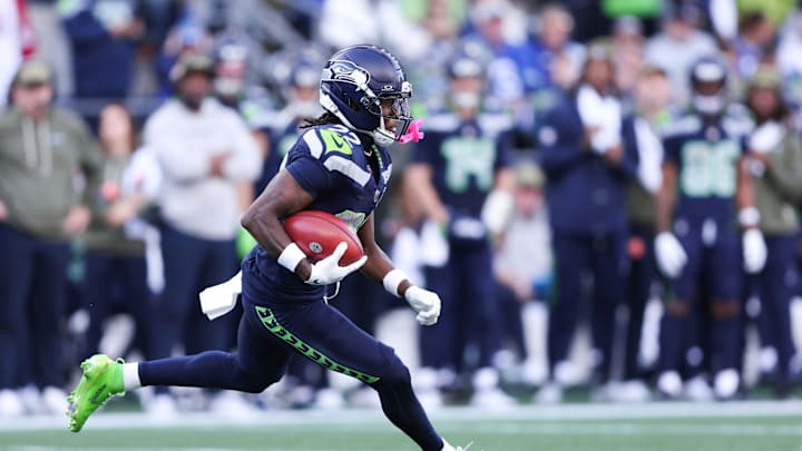 Nov 9, 2025; Seattle, Washington, USA; Seattle Seahawks wide receiver Rashid Shaheed (22) runs after making a catch during the second quarter against the Arizona Cardinals at Lumen Field.