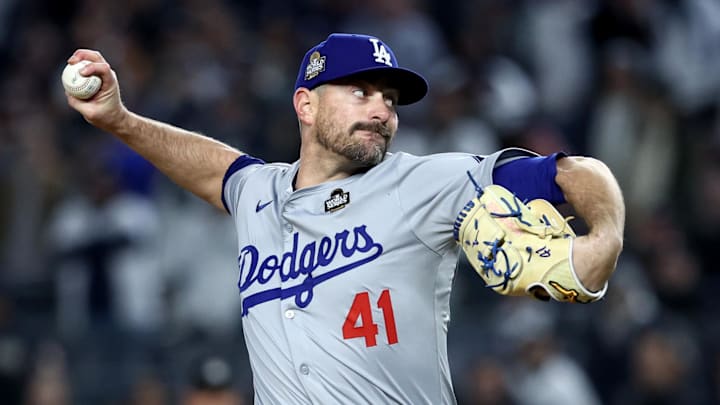 Oct 28, 2024; New York, New York, USA; Los Angeles Dodgers pitcher Daniel Hudson (41) throws during the seventh inning against the New York Yankees in game three of the 2024 MLB World Series at Yankee Stadium. Mandatory Credit: Wendell Cruz-Imagn Images