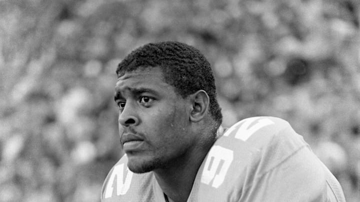 Nov 26, 1983; Knoxville, TN, USA; Tennessee senior Reggie White, a candidate for the prestigious Lombardi Trophy that goes to the nation's outstanding lineman, rests on the sidelines during the Vols 34-24 victory over Vanderbilt before 93,426 fans at Neyland Stadium in Knoxville. Mandatory Credit: Ricky Rogers-USA TODAY NETWORK  