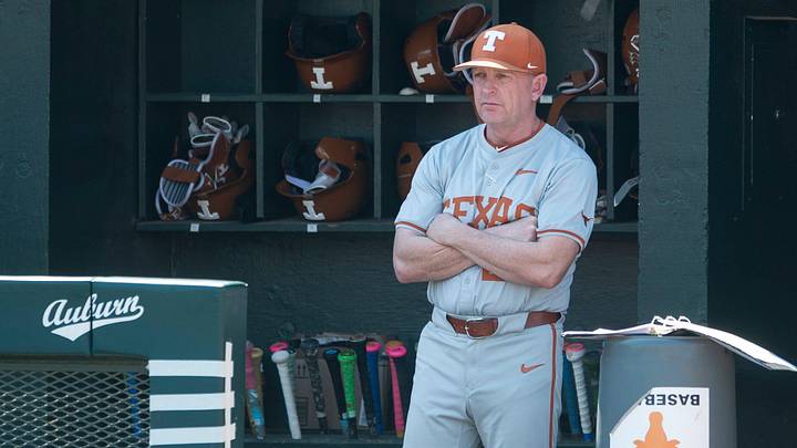 Texas Longhorns head coach Jim Schlossnagle watches on as the Auburn Tigers take on the Texas Longhorns Texas Longhorns head coach Jim Schlossnagle watches on as the Auburn Tigers take on the Texas Longhorns