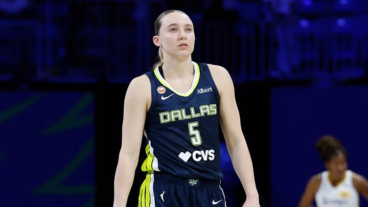 Sep 17, 2026; Arlington, Texas, USA;  Dallas Wings guard Paige Bueckers (5) reacts during the second half against the Los Angeles Sparks at College Park Center.  Mandatory Credit: Chris Jones-Imagn Images