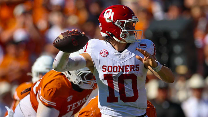 Oklahoma quarterback John Mateer throws during the first half against Texas.