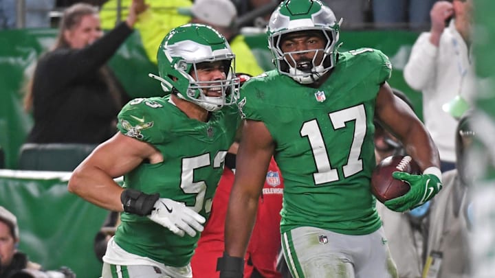 Nov 3, 2024; Philadelphia, Pennsylvania, USA; Philadelphia Eagles linebacker Nakobe Dean (17) celebrates his interception with linebacker Zack Baun (53) in the end zone during the fourth quarter against the Jacksonville Jaguars at Lincoln Financial Field. Mandatory Credit: Eric Hartline-Imagn Images Nov 3, 2024; Philadelphia, Pennsylvania, USA; Philadelphia Eagles linebacker Nakobe Dean (17) celebrates his interception with linebacker Zack Baun (53) in the end zone during the fourth quarter against the Jacksonville Jaguars at Lincoln Financial Field. Mandatory Credit: Eric Hartline-Imagn Images