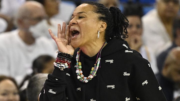 Nov 24, 2024; Los Angeles, California, USA; South Carolina Gamecocks head coach Dawn Staley during the third quarter against the UCLA Bruins at Pauley Pavilion presented by Wescom. Mandatory Credit: Robert Hanashiro-Imagn Images Nov 24, 2024; Los Angeles, California, USA; South Carolina Gamecocks head coach Dawn Staley during the third quarter against the UCLA Bruins at Pauley Pavilion presented by Wescom. Mandatory Credit: Robert Hanashiro-Imagn Images