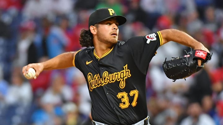Apr 11, 2024; Philadelphia, Pennsylvania, USA; Pittsburgh Pirates pitcher Jared Jones (37) 
