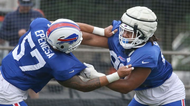 Bills defensive tackle T.J. Sanders works to get past A.J. Epenesa during position drills during day seven of Buffalo Bills training camp at St. John Fisher University Thursday, July 31, 2025 in Pittsford, NY.