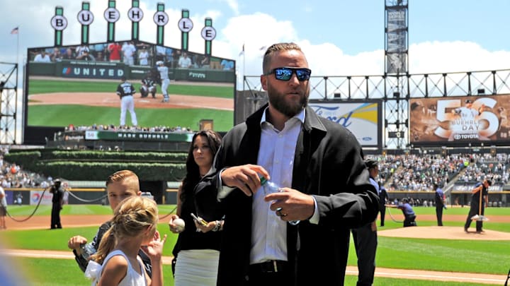 Former Chicago White Sox pitcher Mark Buehrle walks off the field after his number 56 retirement ceremony prior to a game with the Chicago White Sox and Oakland Athletics at Guaranteed Rate Field in 2017. Former Chicago White Sox pitcher Mark Buehrle walks off the field after his number 56 retirement ceremony prior to a game with the Chicago White Sox and Oakland Athletics at Guaranteed Rate Field in 2017.