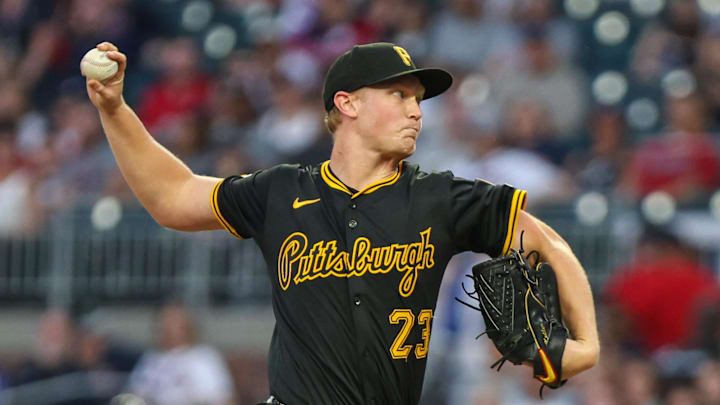 Sep 26, 2025; Cumberland, Georgia, USA; Pittsburgh Pirates pitcher Mitch Keller (23) pitches the ball against the Atlanta Braves during the first inning at Truist Park. Mandatory Credit: Jordan Godfree-Imagn Images