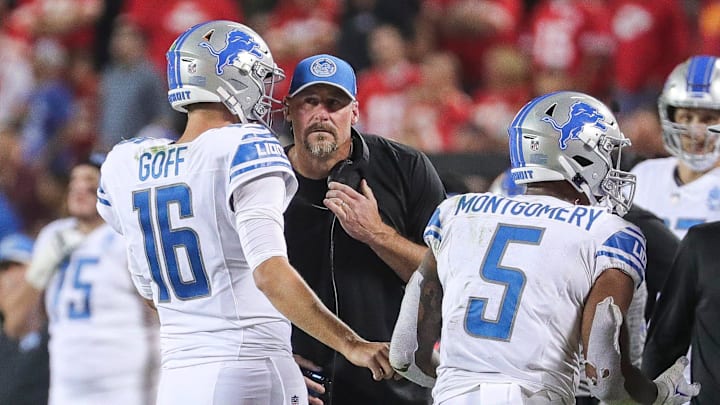 Lions quarterback Jared Goff talks to head coach Dan Campbell before a play against Chiefs during the second half of the Lions' 21-20 win on Thursday, Sept. 7, 2023, in Kansas City, Missouri. Lions quarterback Jared Goff talks to head coach Dan Campbell before a play against Chiefs during the second half of the Lions' 21-20 win on Thursday, Sept. 7, 2023, in Kansas City, Missouri.