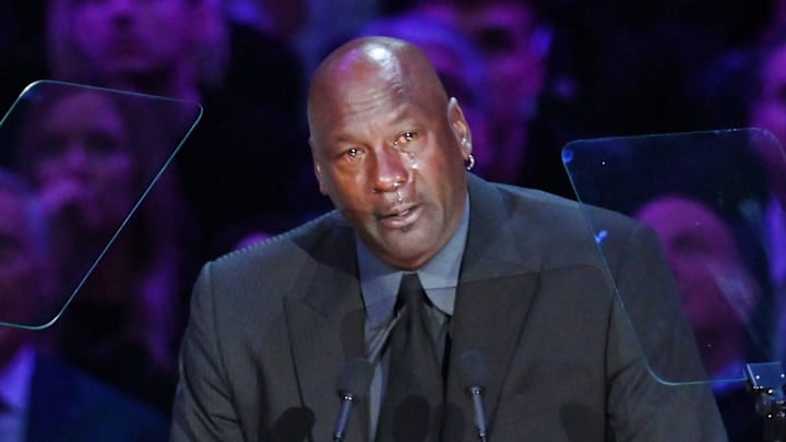 NBA legend Michael Jordan sheds tears during the memorial to celebrate the life of Kobe Bryant and daughter Gianna Bryant at Staples Center on Feb 24, 2020.
