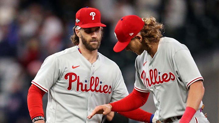 Oct 7, 2023; Cumberland, Georgia, USA; Philadelphia Phillies designated hitter Bryce Harper (3)